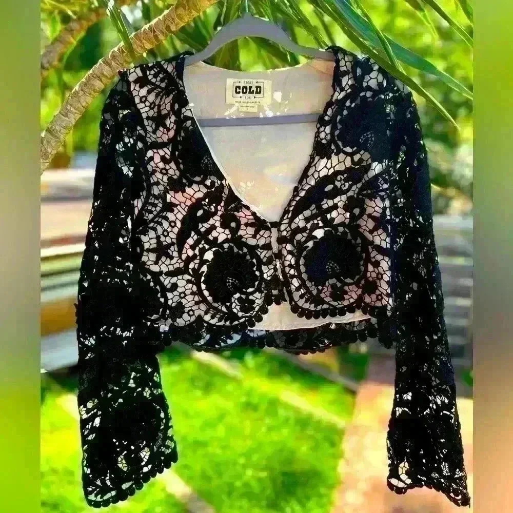 Stone Cold Fox Lace Crochet Crop Top Festival Black Bell Sleeve Fairy Whimsigoth
